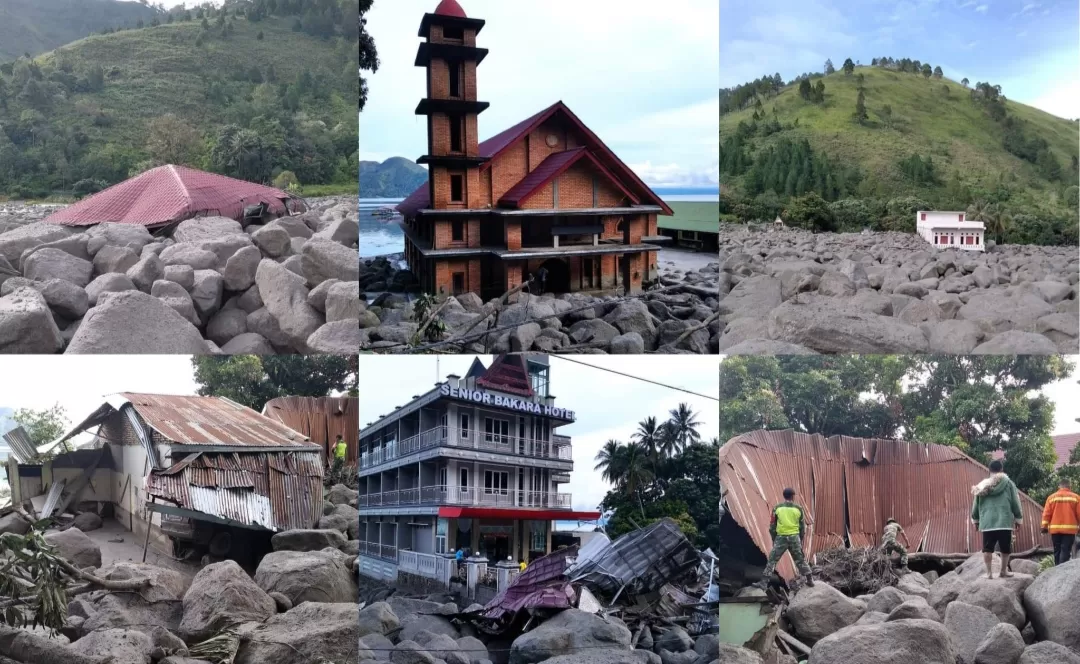 Banjir bandang material batu terjang pemukiman warga di Kecamatan Baktiraja, Kabupaten Humbang Hasundutan Sumatera Utara, 12 warga hilang (TatarMedia.ID - Kolase BPBD)