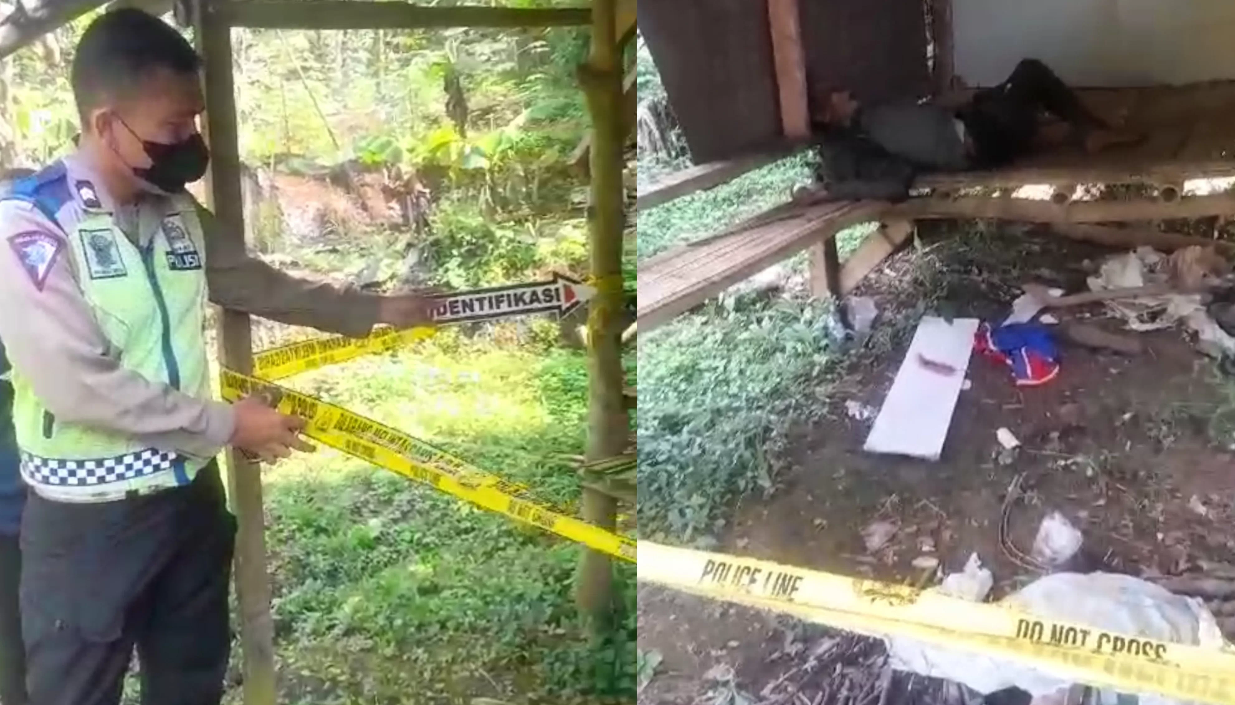 Olah TKP di lokasi penemuan mayat di sebuah saung di tengah kebun singkong Kampung Anggayuda Pamuruyan Cibadak  (TatarMedia.ID - Isep Panji)