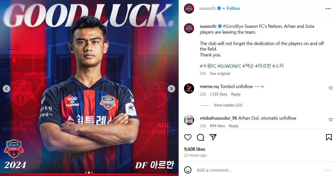 Pratama Arhan Pemain Timnas Indonesia yang resmi dilepas klub asal Korea Selatan Suwon FC (Instagram.com/@suwonfc)