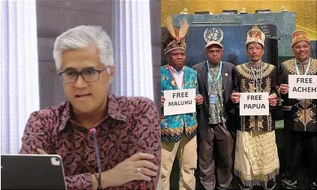 Juru Bicara Kemlu RI, Roy Soemirat (kiri) dan potret oknum aksi &lsquo;Free Papua-Maluku&rsquo; (kanan). (YouTube.com / MoFA Indonesia - X.com/@FreeWestPapuaNL)