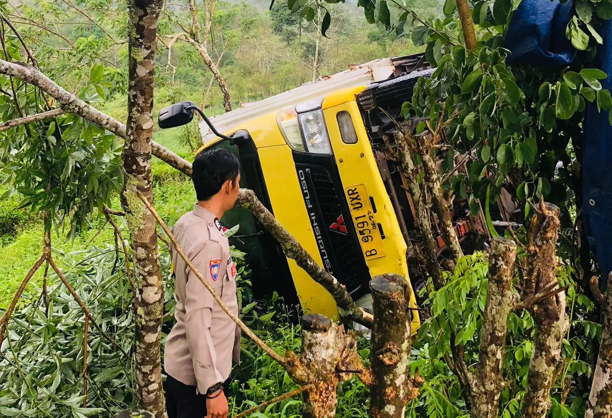 Truk Box PT Wings Terbalik di Perkebunan Teh Cigaru Sukabumi, Ini Penyebabnya (Rudi Imelda)