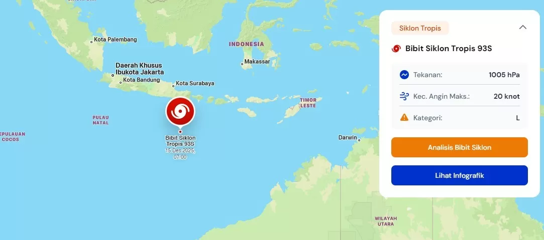 Bibit Siklon Tropis 95S mulai terbentuk pada 15 Desember 2025 pukul 07.00 WIB di wilayah Laut Arafura barat daya Papua Selatan