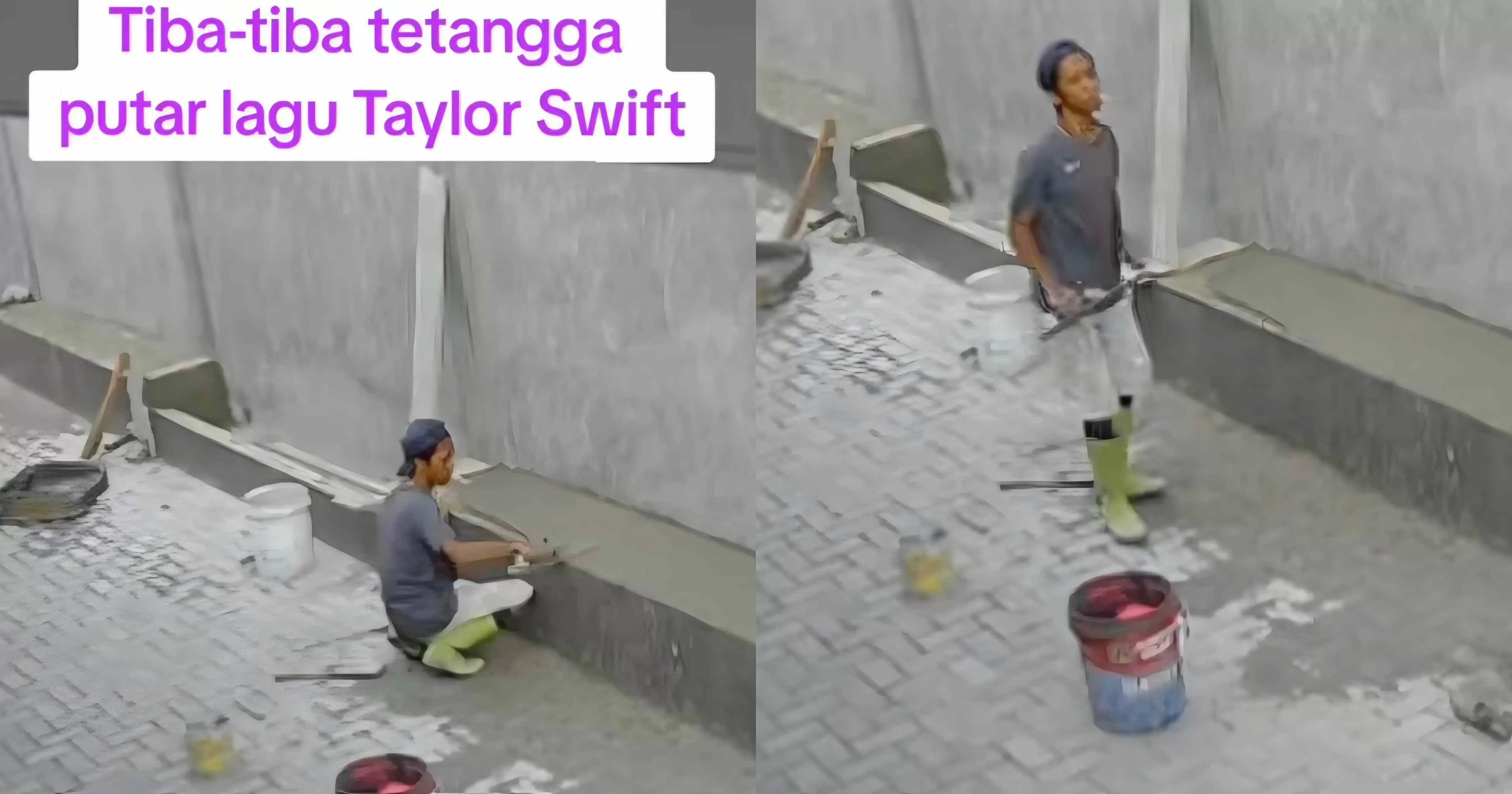 Sebuah rekaman CCTV yang memperlihatkan aksi spontan seorang pekerja bangunan berjoget saat mendengar lagu Taylor Swift viral. (TikTok/@bang_jhon1223)