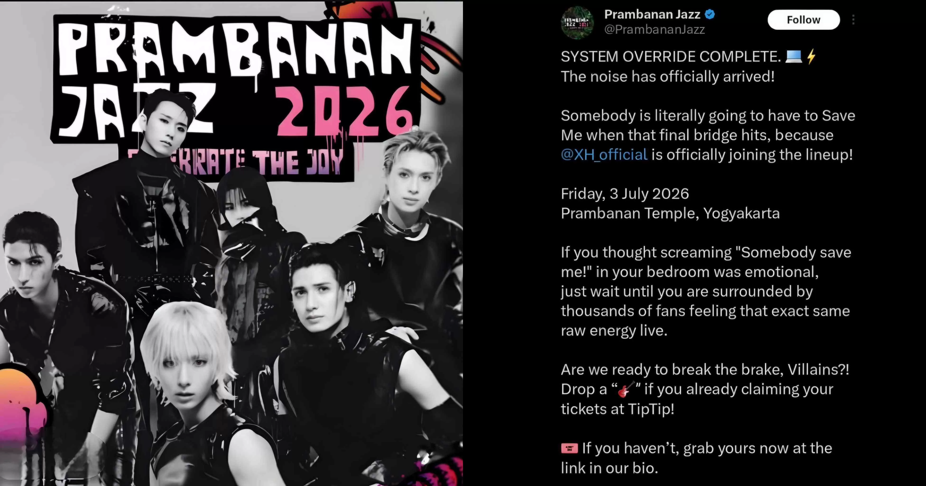 Prambanan Jazz Festival 2026 resmi mengumumkan band asal Korea Selatan, Xdinary Heroes, sebagai salah satu penampil utama pada hari pertama festival. (X/@PrambananJazz)