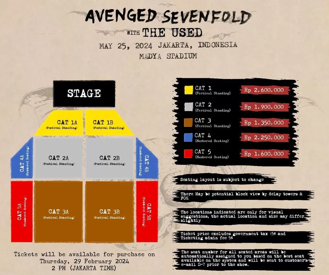 Harga dan Link Tiket Konser Avenged Sevenfold di Jakarta, Tour Album