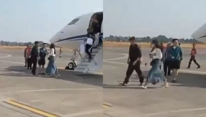 Geger sosok pria bercelana pendek jemput Kaesang Pangarep dan Erina Gudono saat turun dari pesawat jet pribadi. (X @BosPurwa)