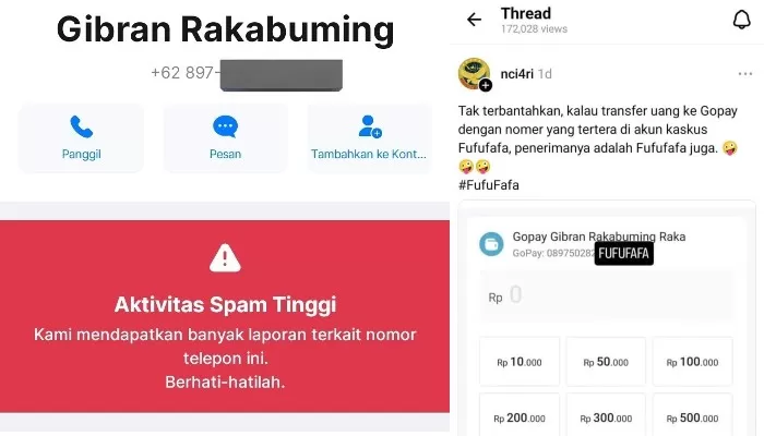 Bukti nomor ponsel Fufufafa bernama Gibran Rakabuming. (Thred/ nci4ri )