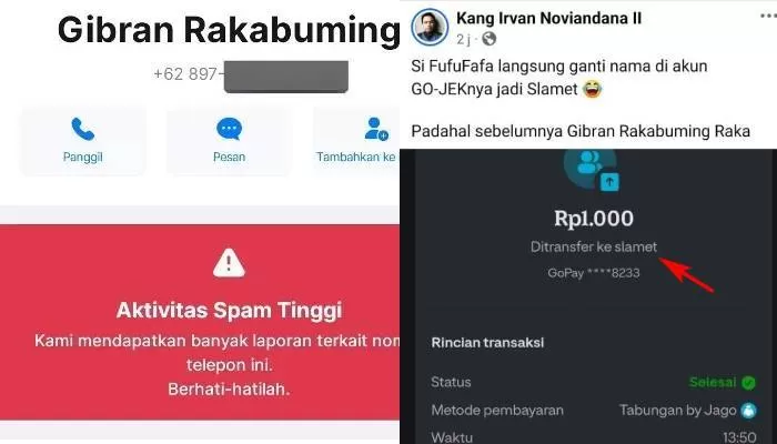 Nama nomor GoPay Fufufafa sebelumnya Gibran Rakabuming berubah jadi Slamet. (X/ piyusaja2)