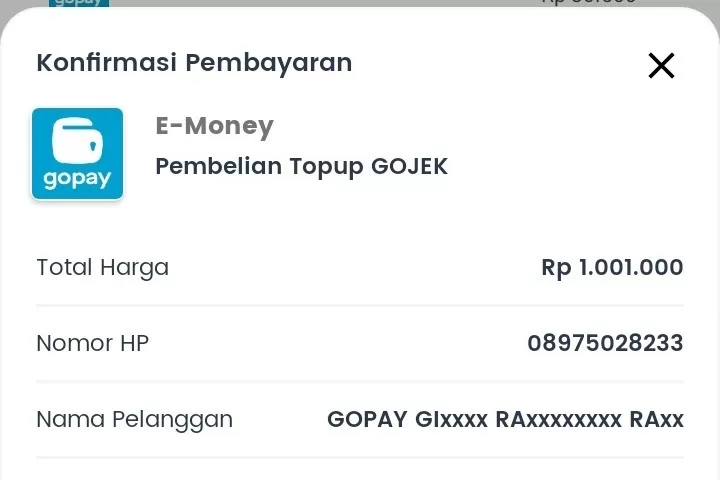 Geger warganet unggah bukti top up ke nomor Gibran Rakabuming lewat GoPay. (X @kafiradikalis)