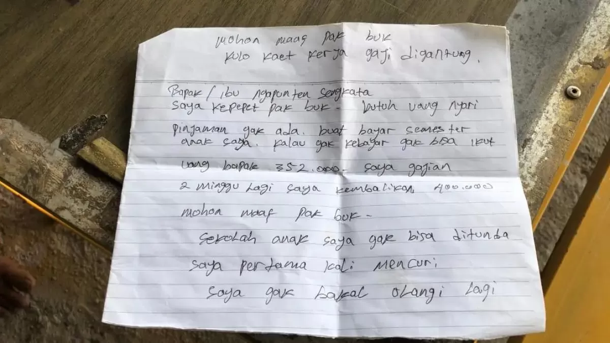 Viral! Nekat Curi Rp352 Ribu demi Biaya Sekolah Anak, Pelaku Tinggalkan Surat Maaf untuk Korban (kliksolonews/dok)