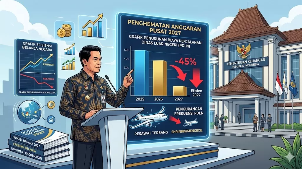 Kemenkeu Kurangi Anggaran Perjalanan Dinas Luar Negeri 2027 dari Rp80 Miliar Jadi Rp55 Miliar. (KlikSoloNews/dok AI)