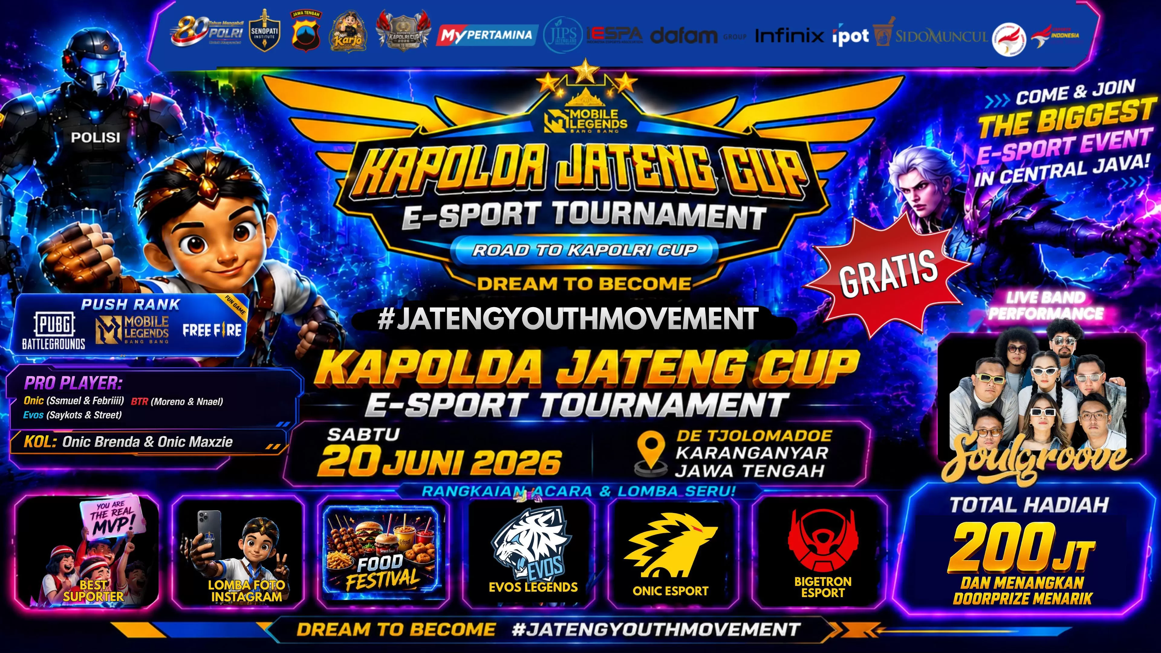 Turnamen E-Sport Kapolda Jateng Cup 2026: Digelar di De Tjolomadoe, Ada Cosplay, Meet & Greet ONIC-EVOS hingga Cek Kesehatan Gratis. (kliksolonews/dok Polda Jateng)