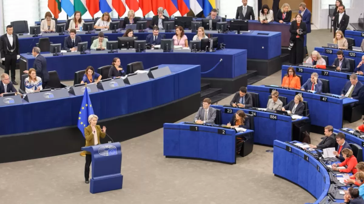 Ursula von der Leyen menyampaikan pidato State of the Union tahun 2025 di Parlemen Eropa di Strasbourg. (Charles Poluan Jr)