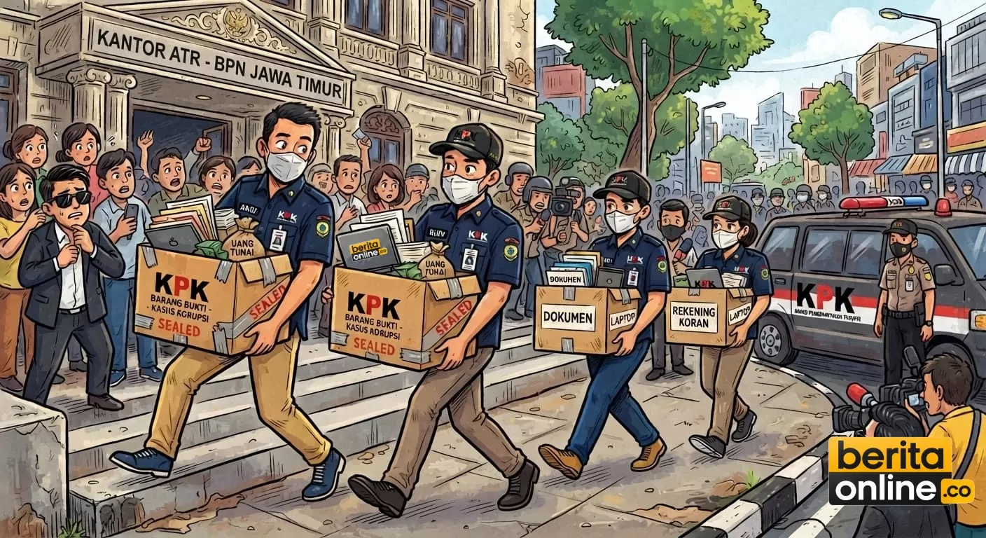 Penggeledahan KPK di Kantor Wilayah ATR/BPN Jawa Timur, Surabaya, berlangsung hampir 11 jam. Belasan penyidik terlihat keluar membawa sejumlah kardus dan koper sebelum meninggalkan lokasi  (Beritaonline.co - ilustrasi)