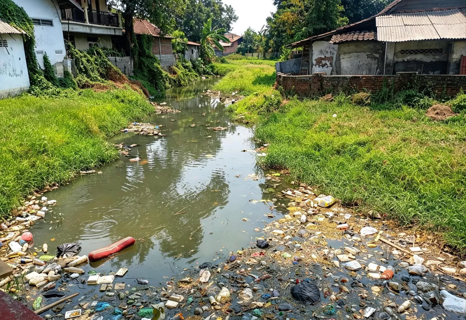 Kondisi Sungai Kendal, terlihat mengalami pendangkalan dengan tumpukan sampah di sejumlah bagian aliran sungai yang mengganggu kelancaran air.  (inspiratifonline.com/dok. inspira)