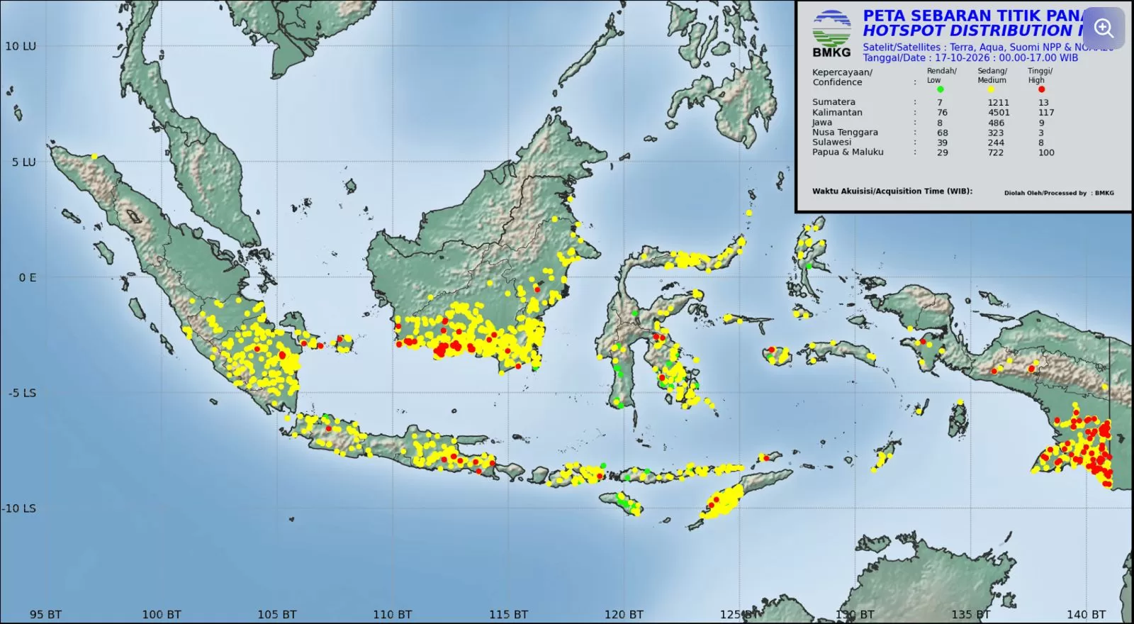 Ilustrasi sebaran titik panas di Indonesia berdasarkan peta pemantauan Badan Meteorologi, Klimatologi, dan Geofisika (BMKG).