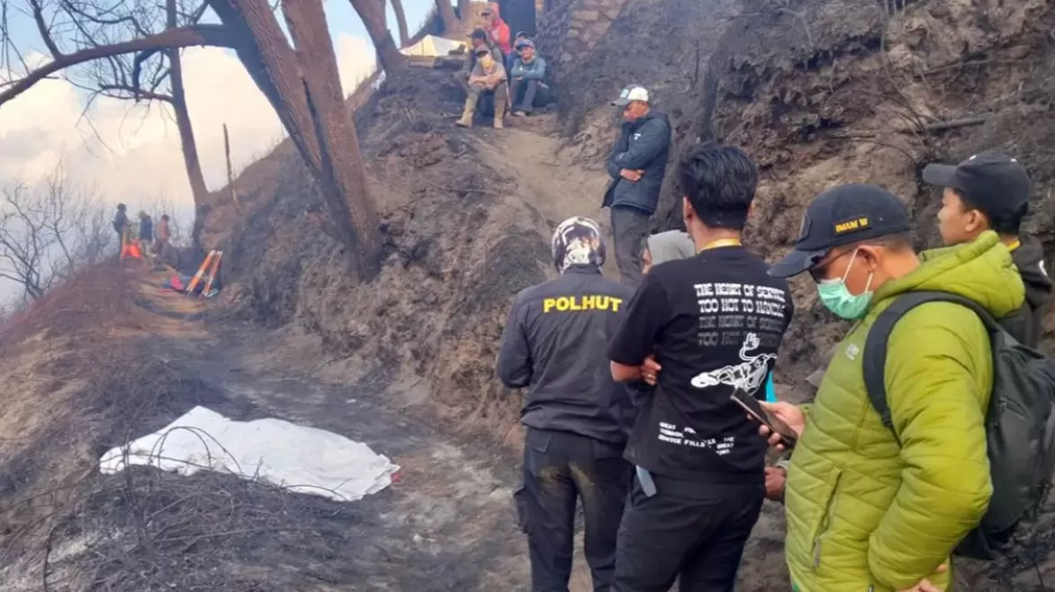 Petugas dan relawan berupaya memadamkan kebakaran di kawasan Taman Nasional Bromo Tengger Semeru sebelum insiden yang menewaskan empat orang. (Threads @kosongsatuid)