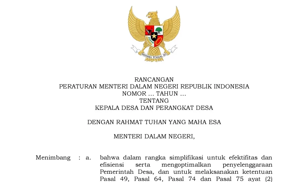 Foto kop dokumen draft rancangan permendagri tentang kepala desa dan perangkat desa