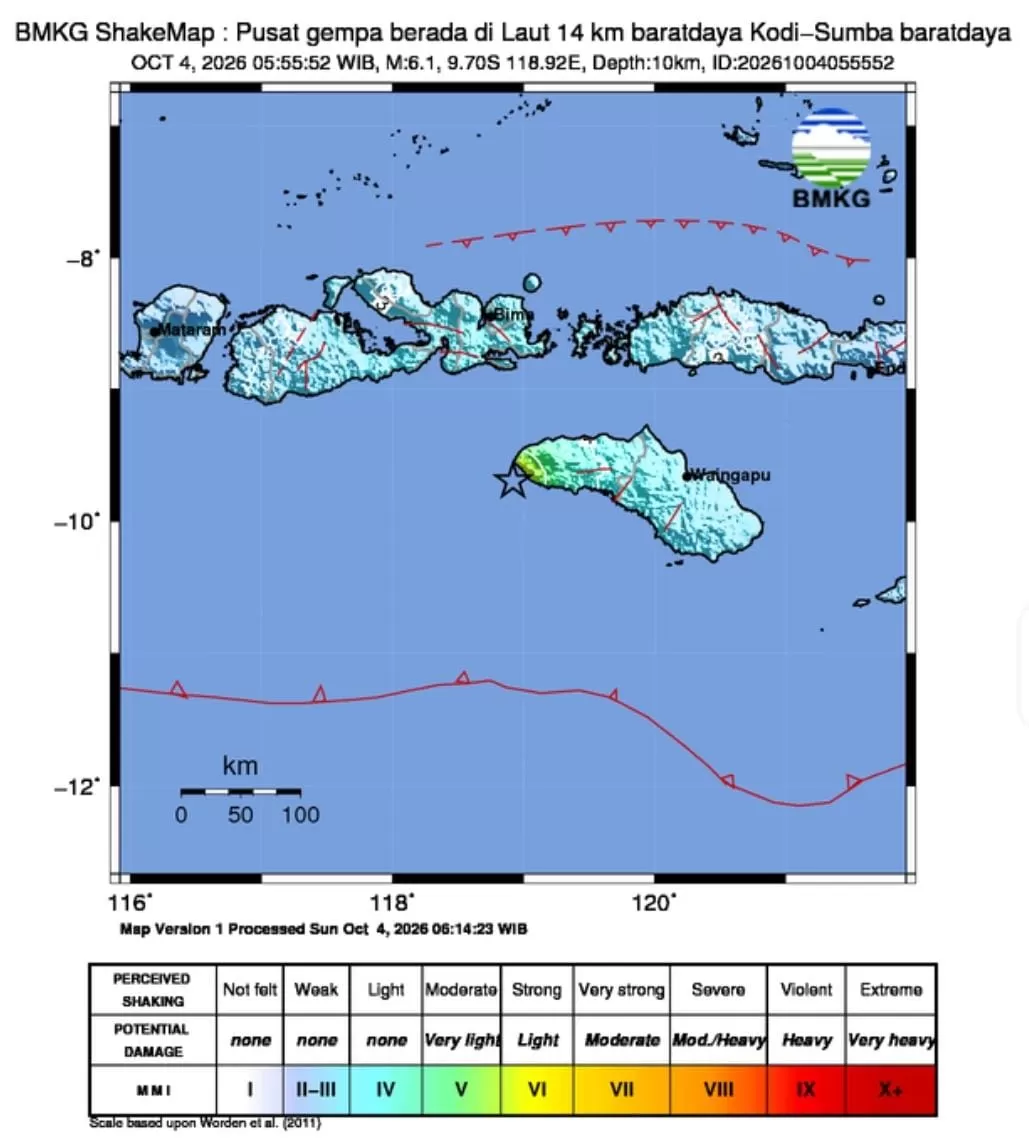 Gempa bumi dengan magnitudo 6,1 mengguncang Kabupaten Sumba Barat Daya, Nusa Tenggara Timur, pada Minggu (4/10) pukul 05:55 WIB. Foto BNPB