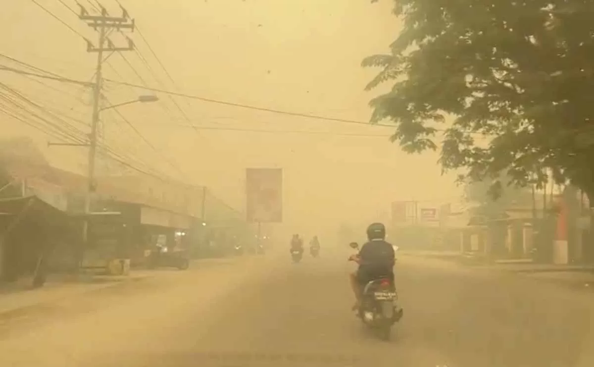 Kendaraan melintas  di tengah kondisi kabut asap akibat kebakaran hutan dan lahan di  kota Palangka Raya, Kalimantan Tengah. (Foto: Threads)