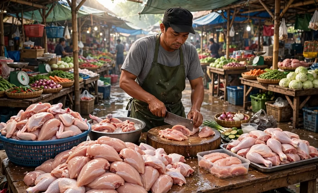 Ilustrasi penjual daging ayam ras. (AI) (Paliwara)