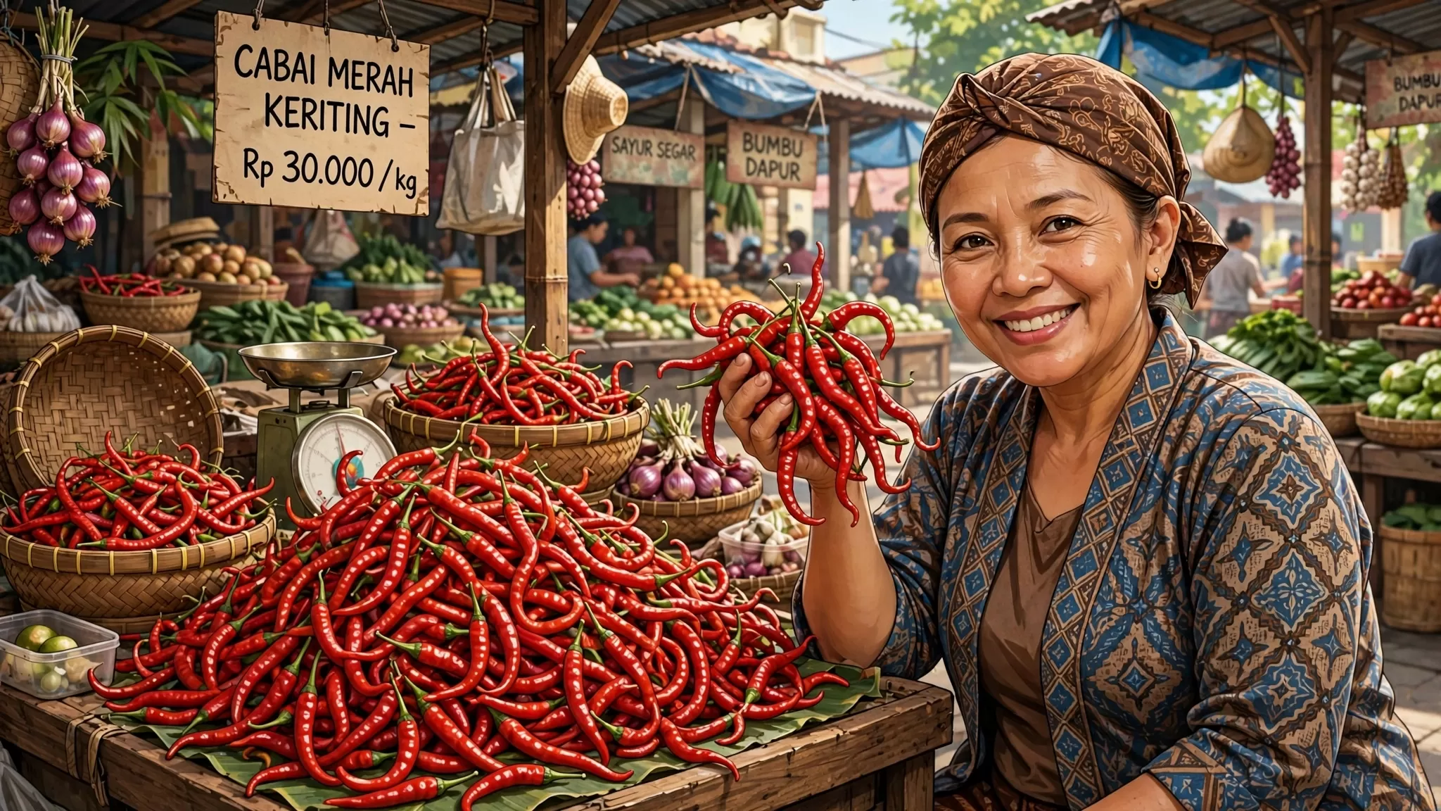 Ilustrasu penjual  Cabai Merah Keriting. (AI)