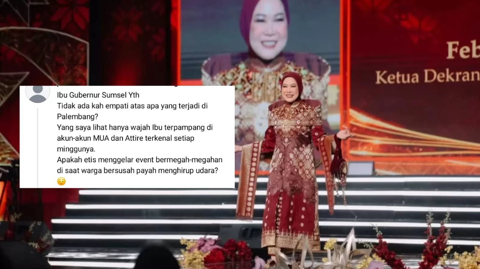 Viral cuplikan video istri Gubernur Sumsel, Feby Deru saat hadir di Kriyanusa 2026 yang digelar di Jakarta. (Threads/pembukaandokumen)