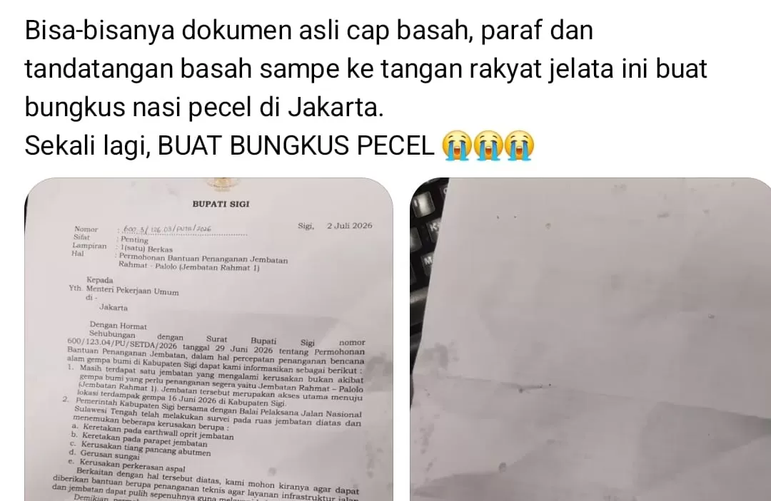 Viral unggahan dokumen Bupati Sigi untuk Menteri PU justru jadi bungkus pecel di Jakarta. (Threads/stevendamai)