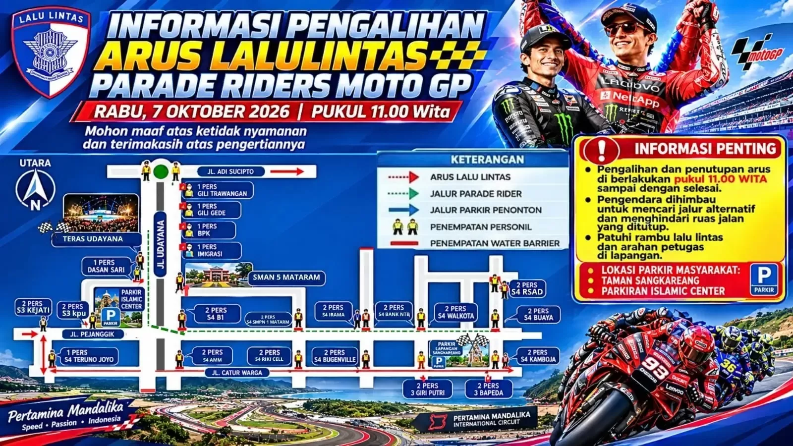 Rekayasa lalulintas parade MotoGP Mandalika 2026 / foto Tribratanews (Rekayasa lalulintas parade MotoGP Mandalika 2026 / foto Tribratanews)