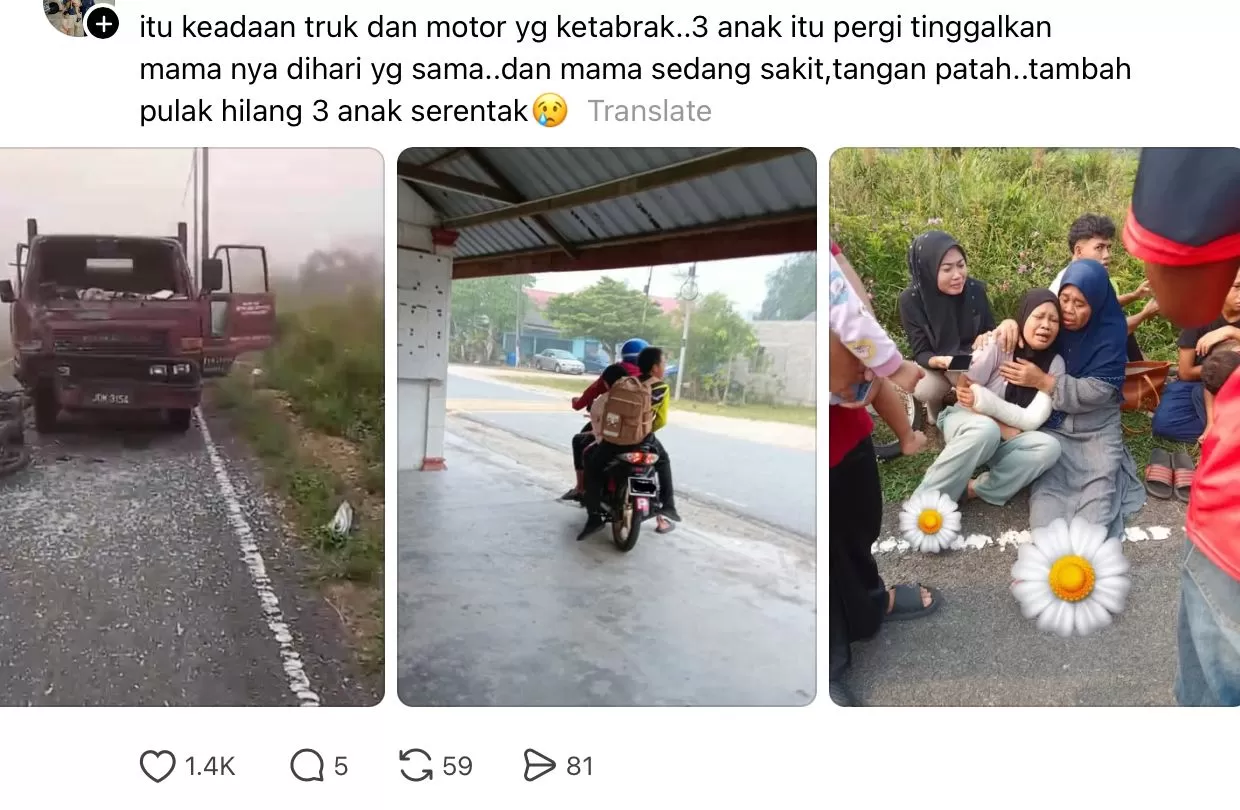 Tangkapan layar unggahan di Threads yang memperlihatkan informasi lokasi kecelakaan di Pontian, Malaysia, serta reaksi warganet atas meninggalnya tiga kakak beradik. (Threads) (Lie/Promedia)