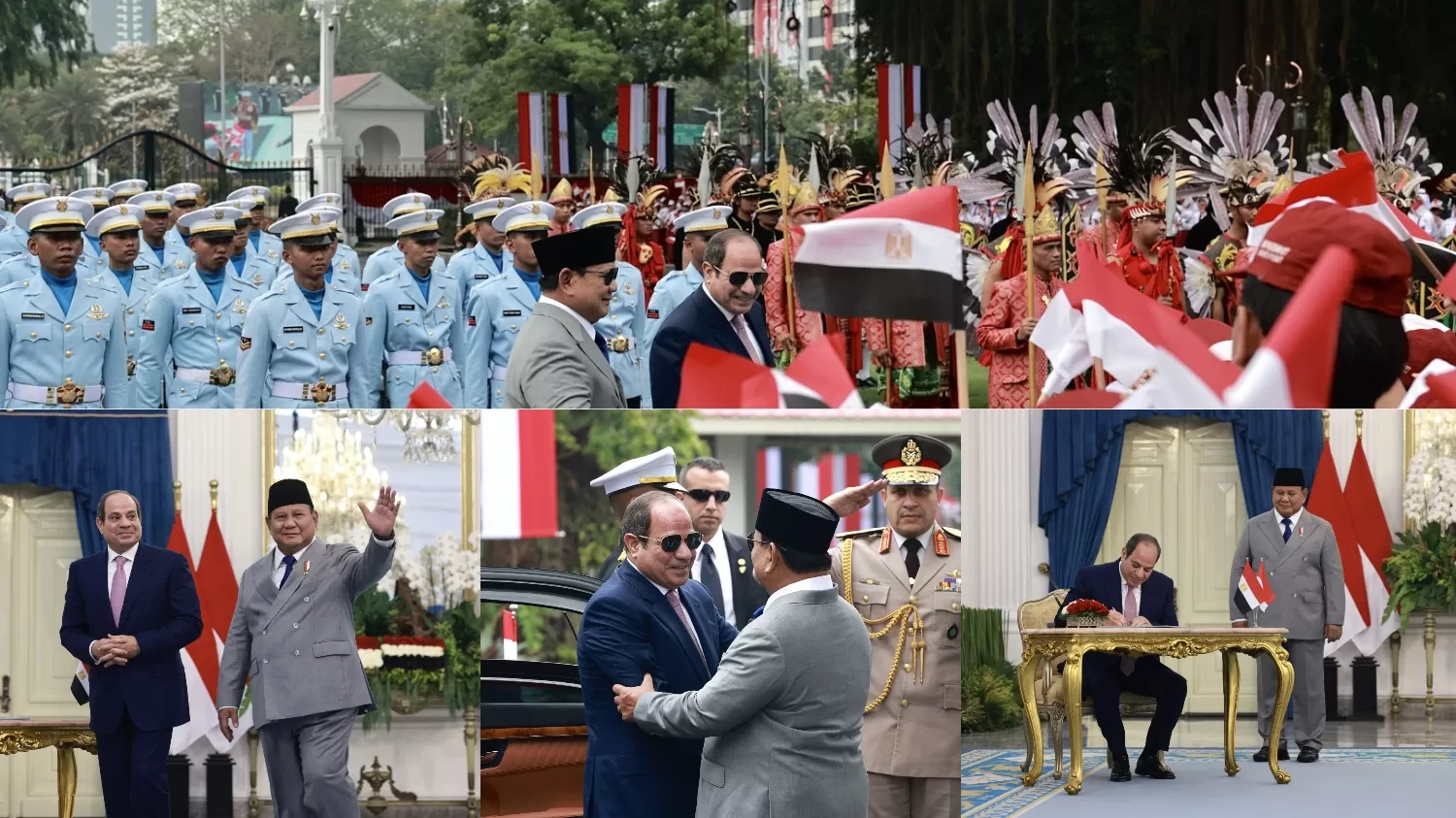 Presiden RI Prabowo Subianto menyambut Presiden Republik Arab Mesir Abdel Fattah El-Sisi dalam kunjungan kenegaraan di Istana Merdeka, Jakarta, Minggu (11/10). (Bankom RI)  (LIE/PROMEDIA)