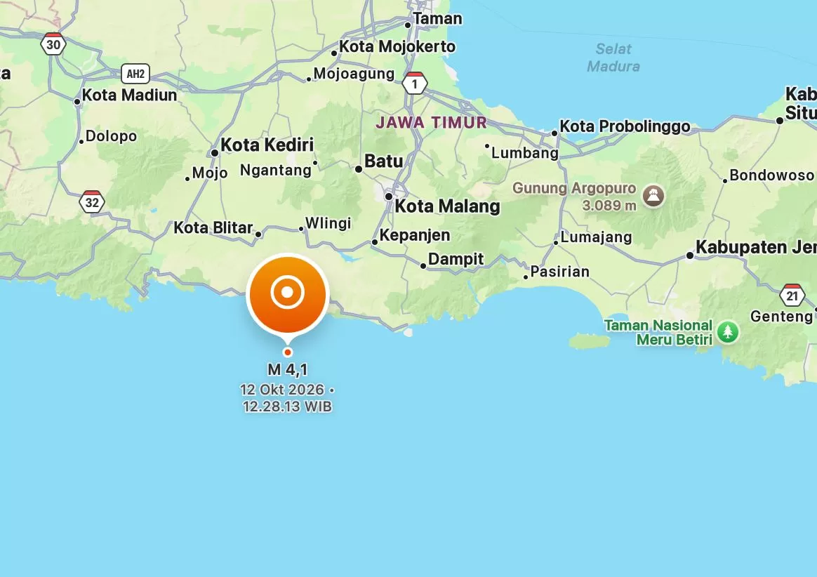 Ilustrasi titik gempa bumi yang terjadi di laut selatan Blitar. (BMKG) (Lie/Promedia)