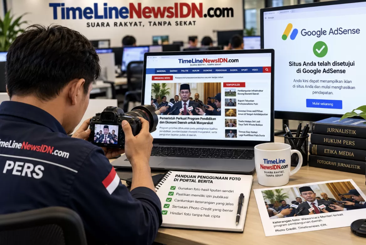 Keterangan foto: Ilustrasi jurnalis mengelola portal berita digital, mengoptimalkan konten, dan memperhatikan penggunaan foto serta hak cipta untuk mendukung monetisasi melalui Google AdSense. (Ilustrasi AI /KEADILANNEWS.com)