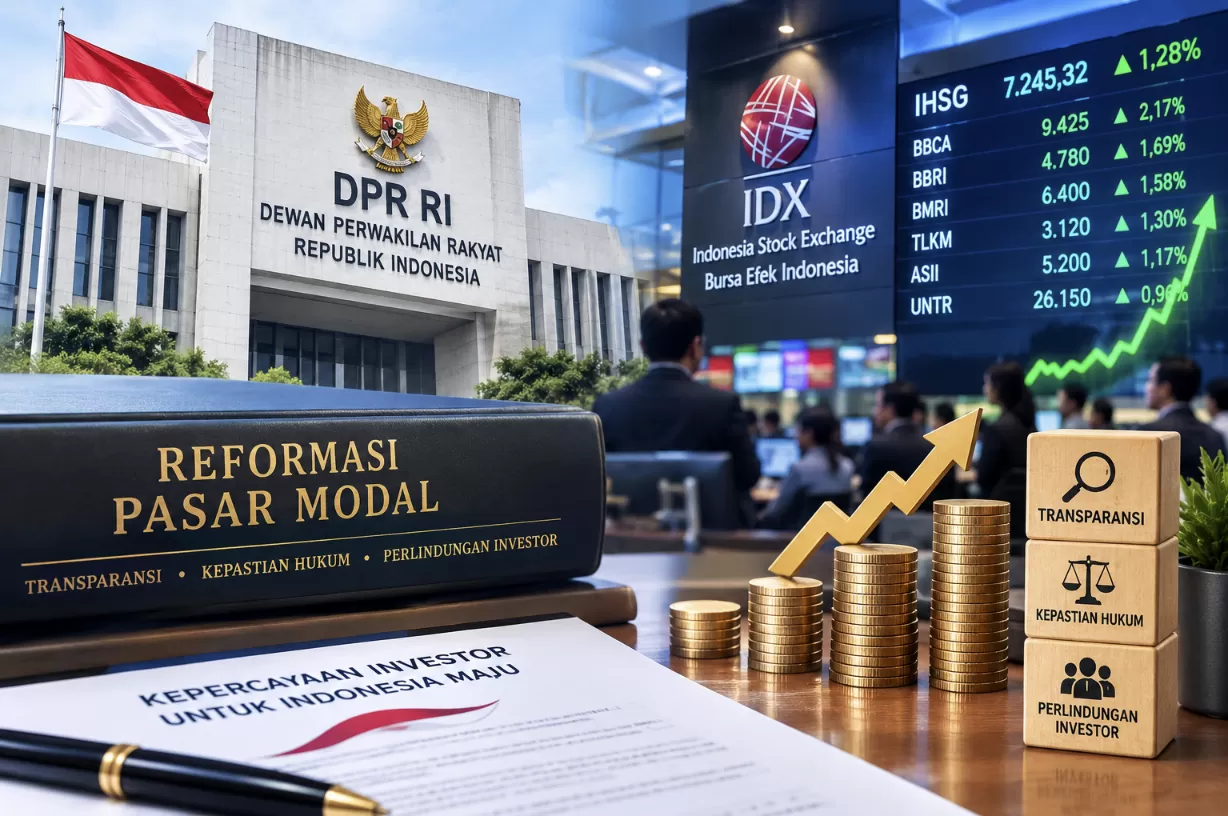 Keterangan foto: Ilustrasi reformasi pasar modal Indonesia. DPR RI mendorong keberlanjutan pembenahan pasar modal untuk memperkuat transparansi, kepastian hukum, dan menjaga kepercayaan investor.  (AI/Magic/GPT/Lie/Promedia)