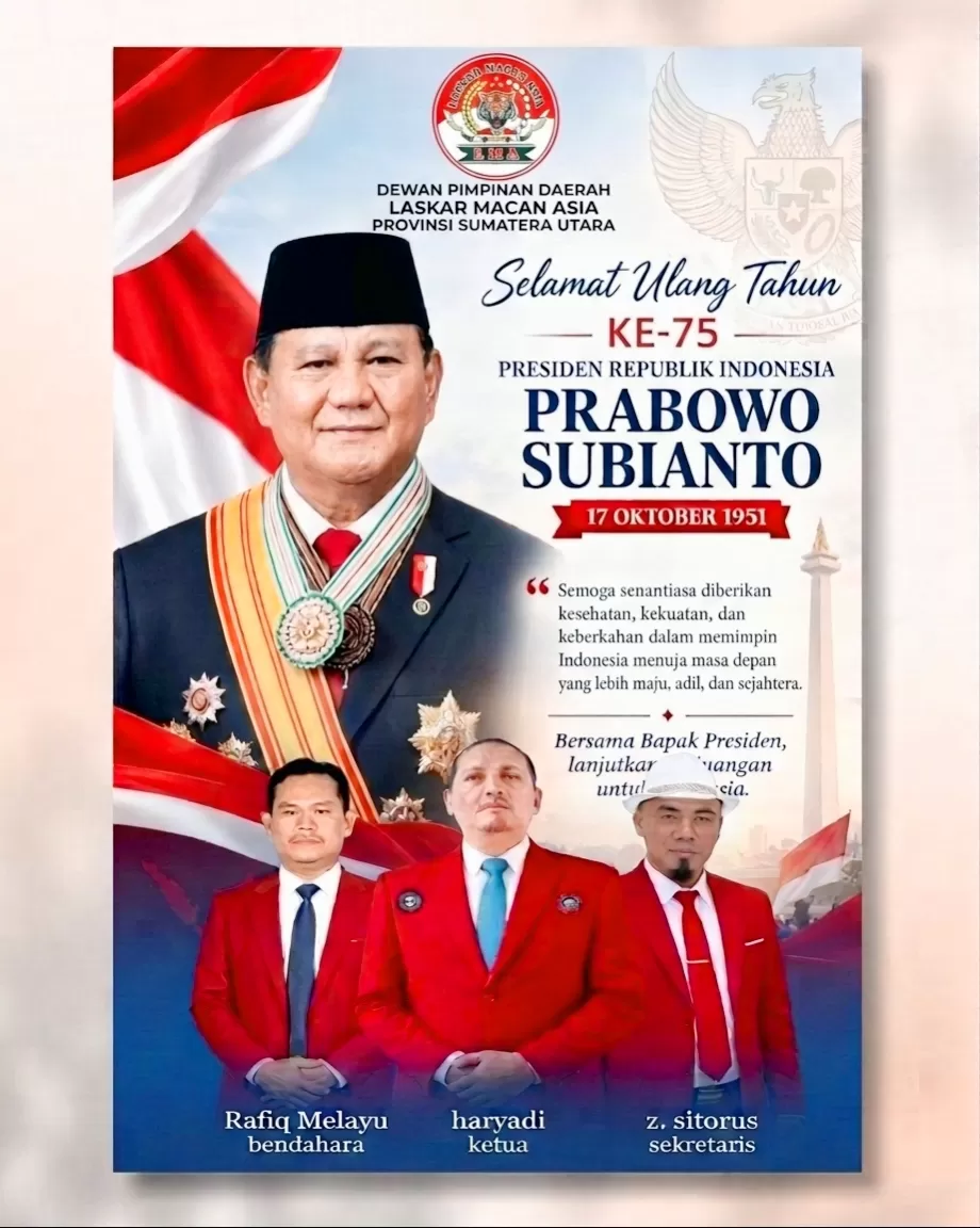 Jajaran pengurus Laskar Macan Asia (LMA) Sumatera Utara menyampaikan ucapan selamat ulang tahun ke-75 kepada Presiden Republik Indonesia, Prabowo Subianto, yang lahir pada 17 Oktober 1951. (Lie/LMA/Docpri)