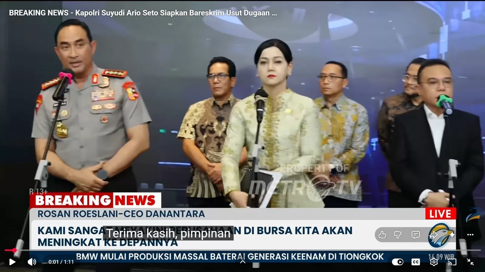 Kapolri Jenderal Polisi Suyudi Ario Seto dalam konferensi bersama Wakil Ketua DPR, Ketua OJK, dan Danantara di BEI, Jumat (16/10/2026). (Capt. YT Metrotv) (Lie/Promedia)