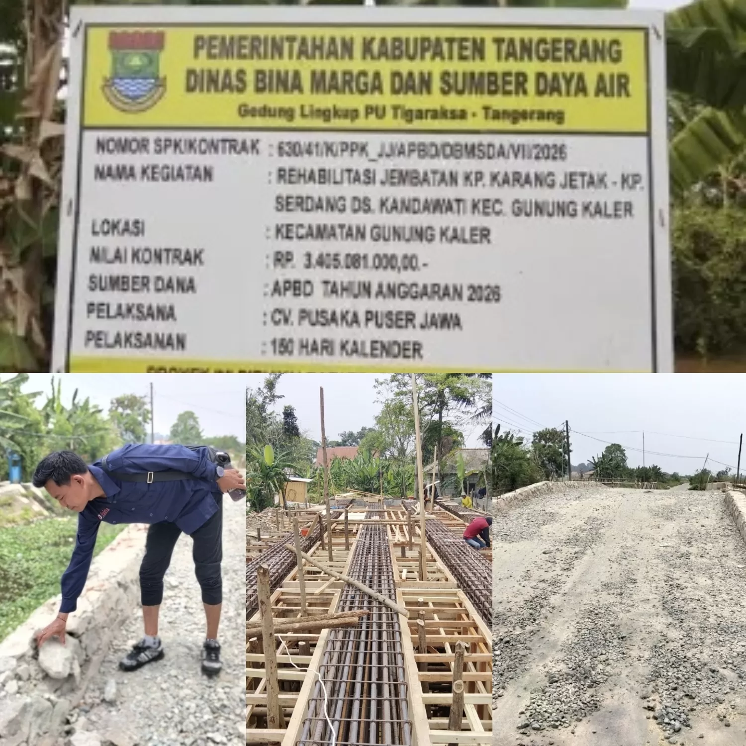 Proyek rehabilitasi Jembatan Kampung Karang Jetak, Desa Kandawati, Kecamatan Gunung Kaler, Kabupaten Tangerang, Banten, menjadi sorotan. (Lie/Promedia)