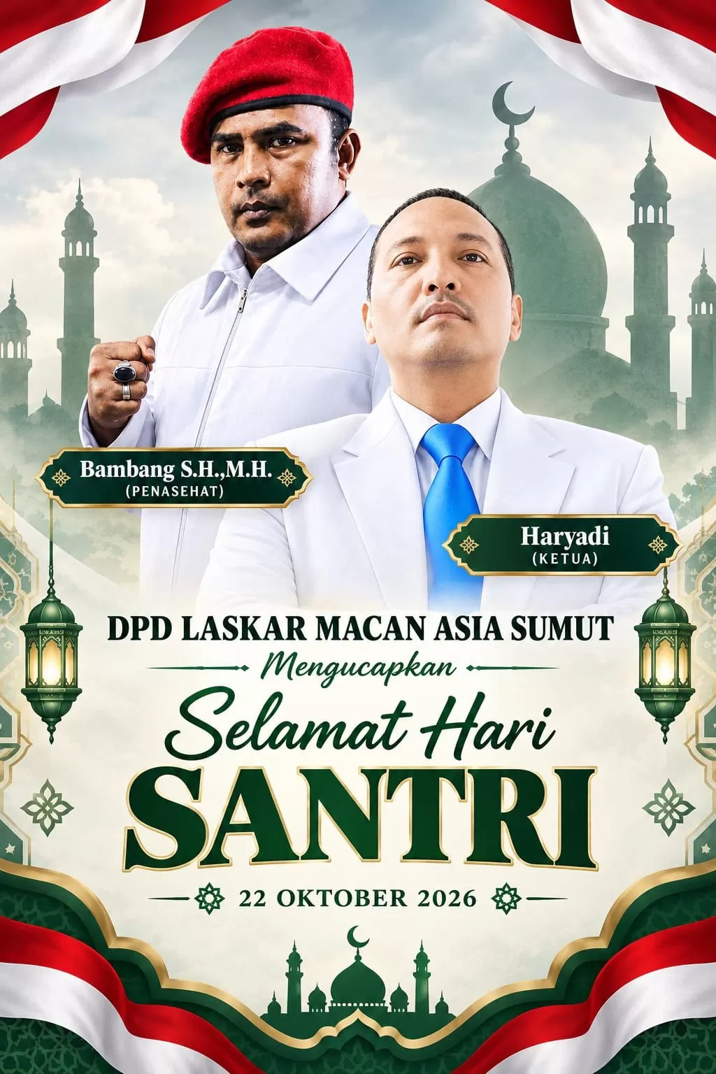 Ketua Laskar Macan Asia (LMA) Sumatera Utara, Hariyadi, bersama Pembina LMA Sumut, Bambang, SH, MH, menyampaikan ucapan Selamat Hari Santri Nasional (HSN) 2026 (Lie/Promedis)