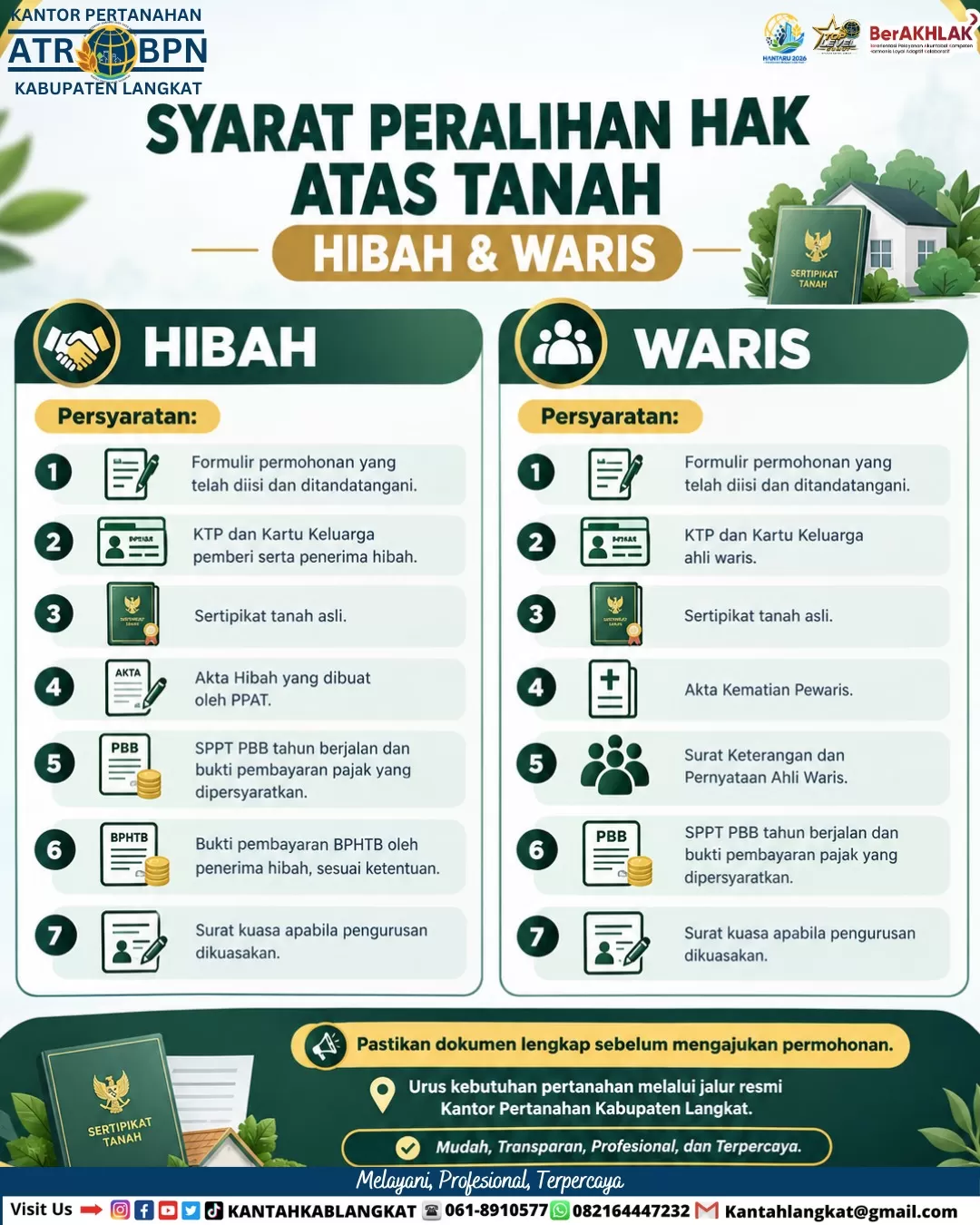 Kantor Pertanahan Kabupaten Langkat mengajak masyarakat yang ingin mengurus peralihan hak atas tanah melalui hibah maupun waris  (Lie/Promedia)