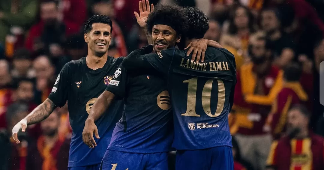 LIGA CHAMPIONS - Pemain Barcelona Lamune Yamal, Ada yemi dan Joao Cancelo merayakan gol saat menghadapi Galatasaray di Liga Champions pada Rabu (14/10/2026) dini hari.
