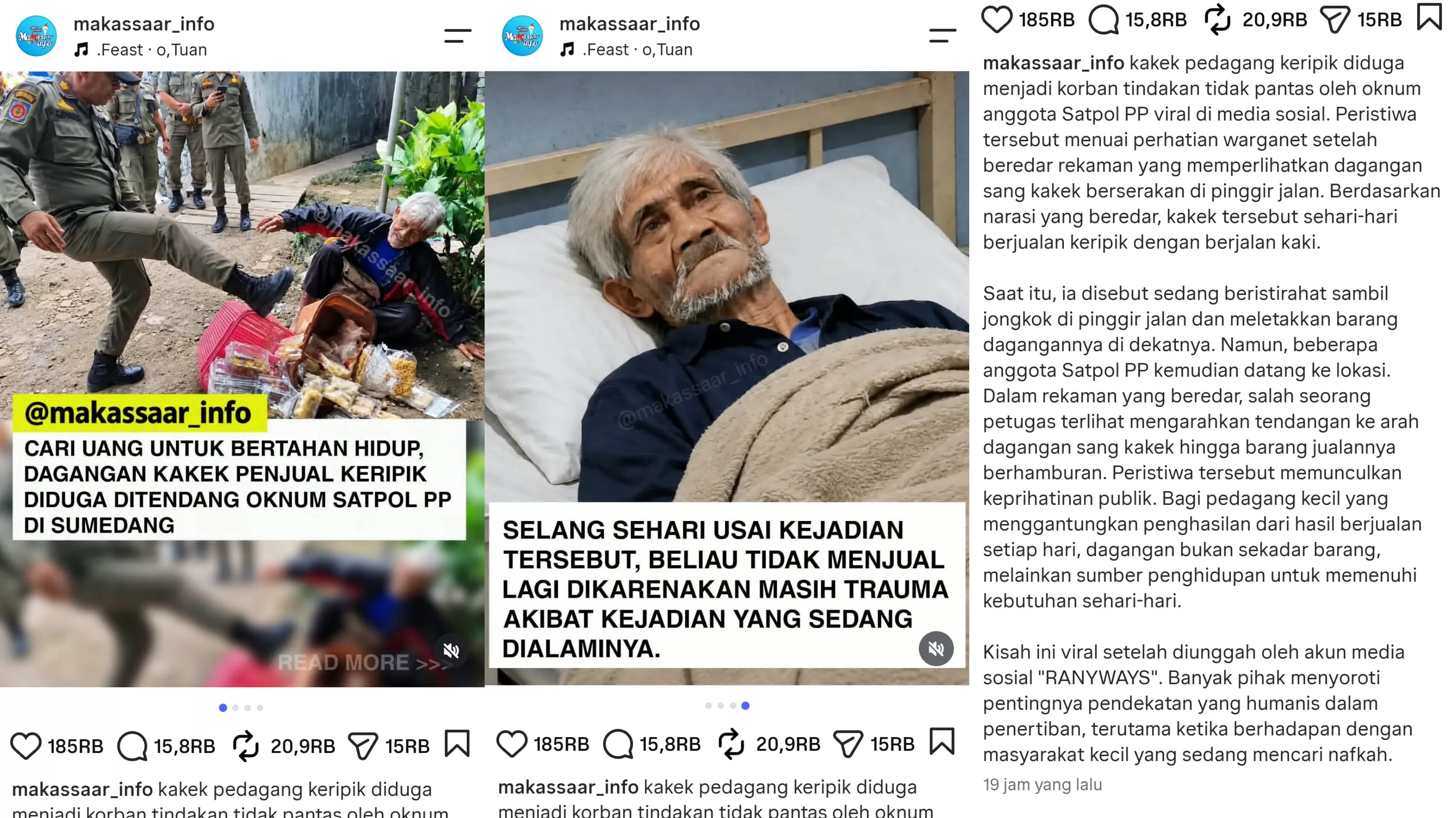 Tangkapan layar akun @makassaar_info yang memviralkan dugaan personel Satpol PP Sumedang tendang seorang kakek penjual keripik. 