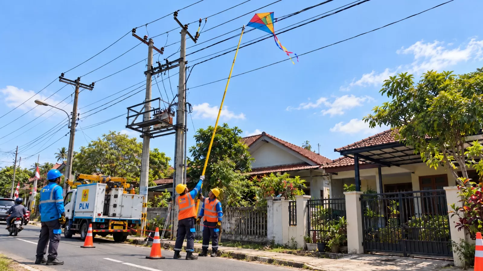 Petugas PLN saat menertibkan layang-layang di jaringan listrik. (FOTO: dok PLN)