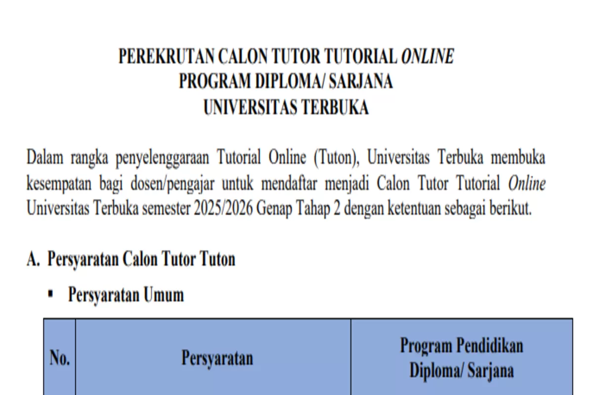 Pendaftaran Calon Tutor Tutorial Online UT Tahap 2 Semester 2025/2026 ...