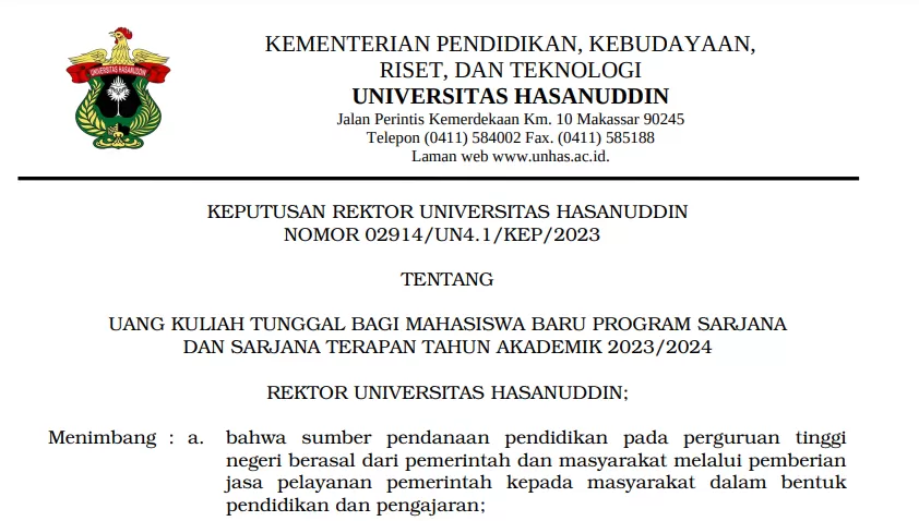 Besaran UKT Bagi Mahasiswa Baru Universitas Hasanuddin Jalur Mandiri ...