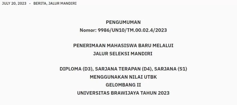 PENGUMUMAN: Jalur Seleksi Mandiri UB Nilai UTBK Gelombang II Juli 2023 ...