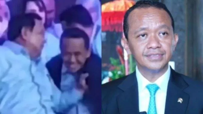 Prabowo Subianto terekam mencangkeng jas Bahlil Lahadalia saat debat cawapres Jumat (22/12). Foto: Tribunnews.com