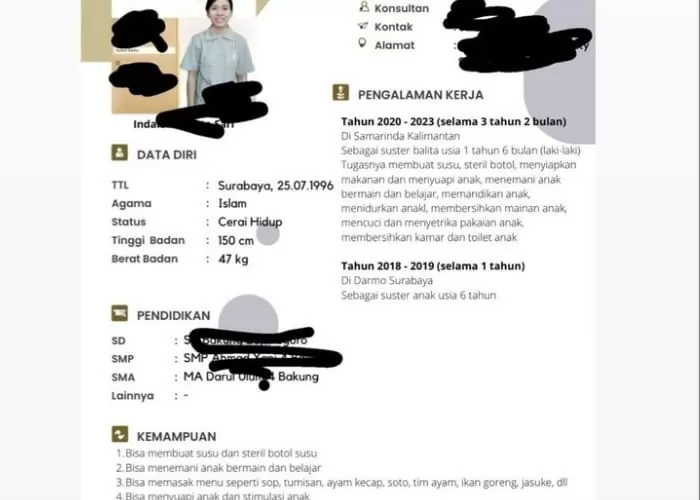 CV baby sitter pelaku tindakan bullying anak Aghnia Punjabi ((Foto: GENMUSLIM.id/dok: Instagram @emyaghnia))