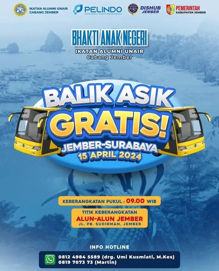 Ikatan Alumni Unair Cabang Jember Siapkan 2 Bus Balik Mudik Gratis Lebaran 2024  ((GENMUSLIM.id/Dok: Instagram/dinas_kominfo_kab_jember))