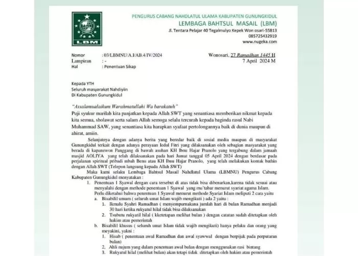 LBMNU Gunung Kidul mengeluarkan statment terkait jamaah masjid Aoliya ((Foto: GENMUSLIM.id/dok: Instagram @risalah.amar))