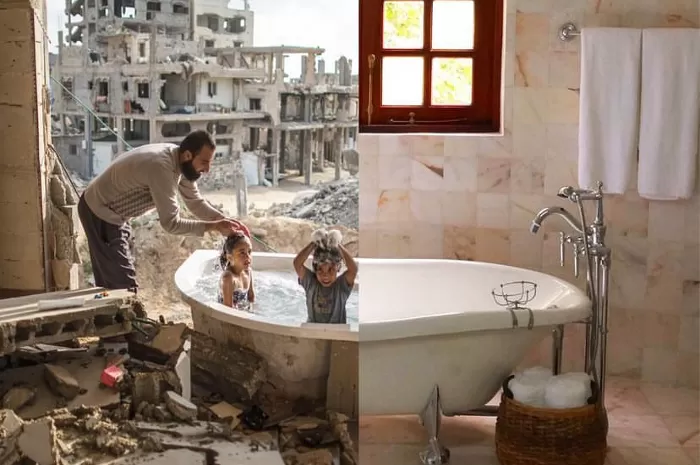 Ilustrasi kontrasnya kehidupan dunia di tengah pembunuhan anak-anak di Gaza (Foto: Genmuslim.id/dok: Instagram Everydaypalestine)